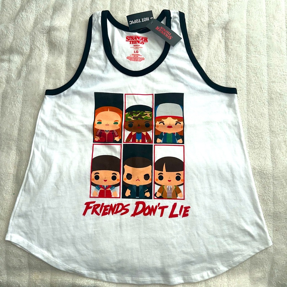 Stranger things 
Friends don’t lie vest 
Teen  large